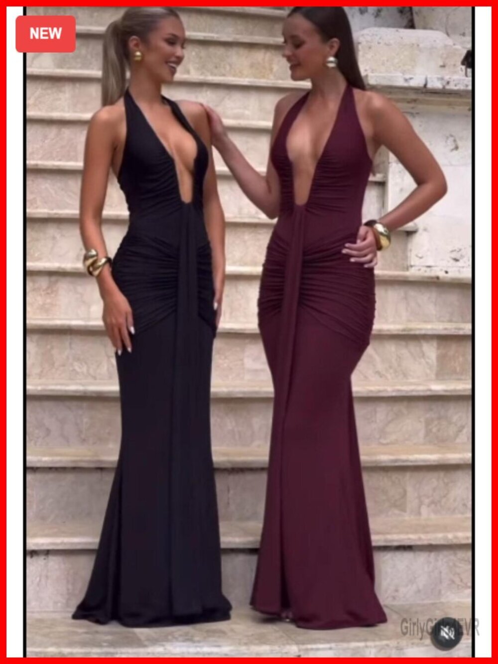 Deep V-Neck Sleeveless Halter Ruched Bodycon Maxi Dress - Picture 6 of 6